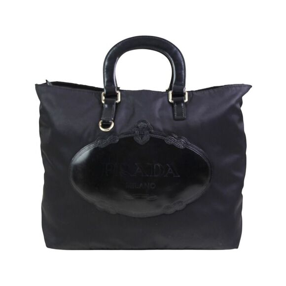 VINTAGE PRADA BLACK NYLON LEATHER TWO TOP HANDLES LOGO SATCHEL HANDBAG PURSE - Picture 1 of 16